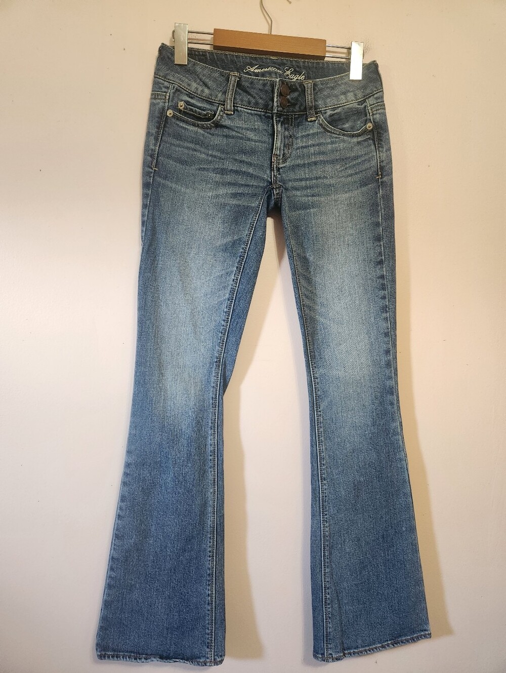 American Eagle Artist Flare Jeans Size 00 Low Rise Y2K Blue Denim Double Button